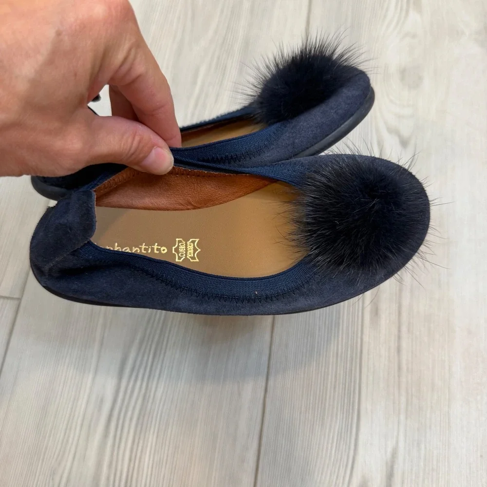 Elephantito Girls Navy Blue Suede Pom Pom Ballet Flats Made in Spain Size 29 12